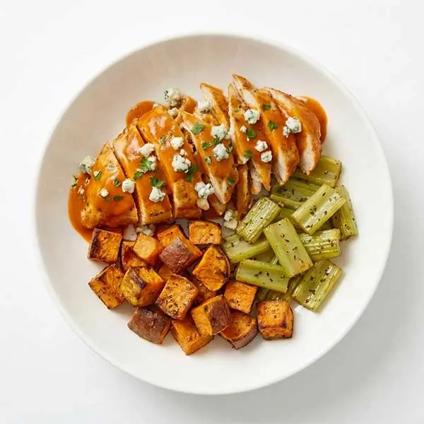 Baked Buffalo Chicken with Roasted Sweet Potato & Celery